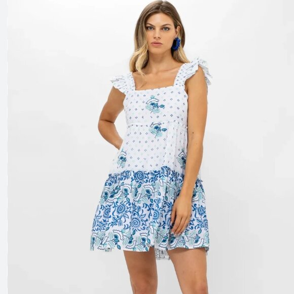 Oliphant Corfu Blue Smocked Square Neck Mini Dress NEW WITH TAGS LARGE - Picture 1 of 9